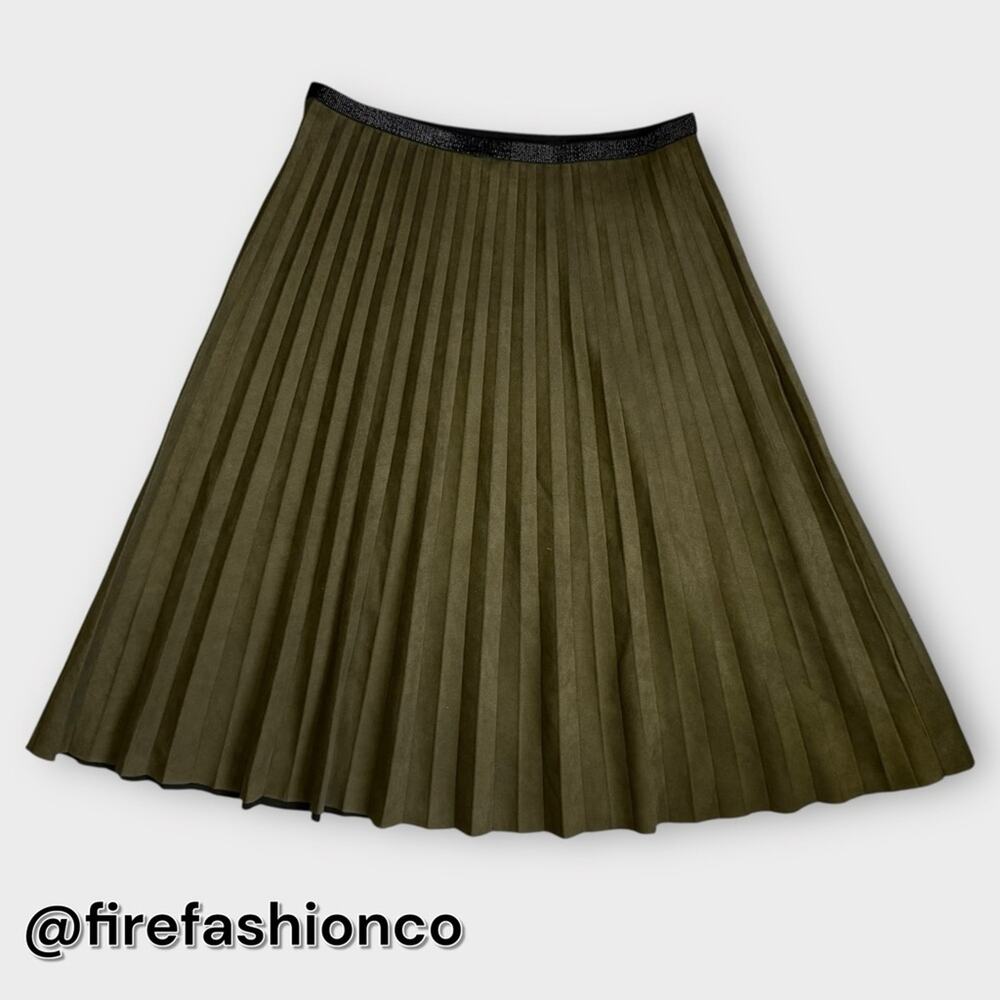 YAL Olive Green Pleated Maxi Skirt XL Preppy Classic Office Baddie Faux Suede